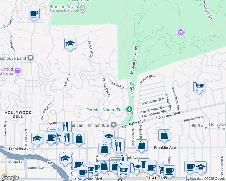 map of restaurants, bars, coffee shops, grocery stores, and more near 2280 Mountain Oak Drive in Los Angeles