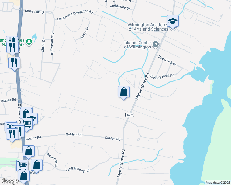 map of restaurants, bars, coffee shops, grocery stores, and more near 6708 Myrtle Grove Road in Wilmington