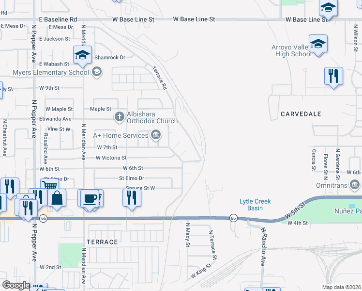 map of restaurants, bars, coffee shops, grocery stores, and more near 2271 West 7th Street in San Bernardino