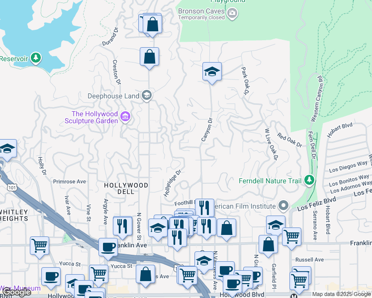 map of restaurants, bars, coffee shops, grocery stores, and more near 5912 Canyon Cove in Los Angeles