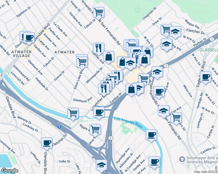map of restaurants, bars, coffee shops, grocery stores, and more near 3109 Perlita Avenue in Los Angeles
