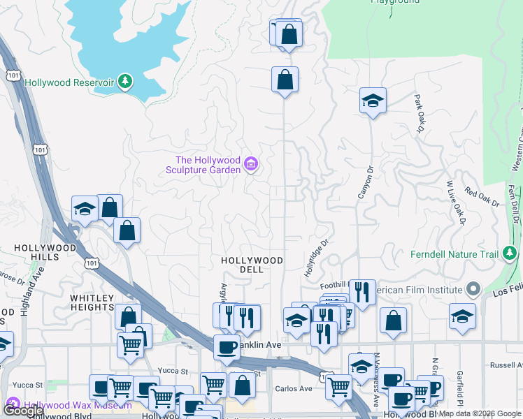 map of restaurants, bars, coffee shops, grocery stores, and more near 2274 Vasanta Way in Los Angeles