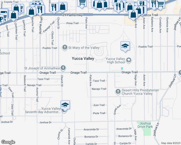 map of restaurants, bars, coffee shops, grocery stores, and more near Onaga Trail in Yucca Valley