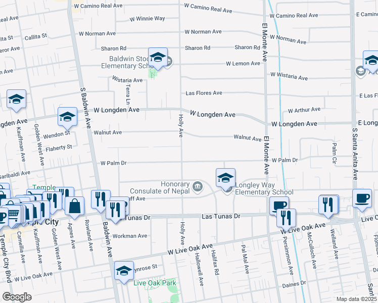 map of restaurants, bars, coffee shops, grocery stores, and more near 2236 Holly Avenue in Arcadia