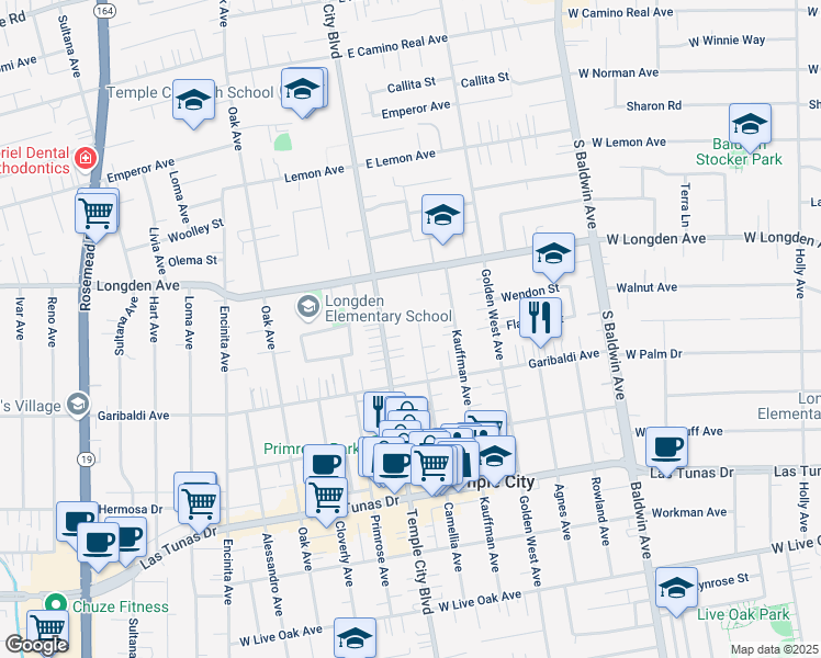 map of restaurants, bars, coffee shops, grocery stores, and more near 6159 Camellia Avenue in Temple City