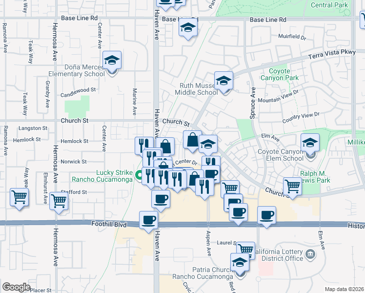 map of restaurants, bars, coffee shops, grocery stores, and more near 7803 Paxton Place in Rancho Cucamonga
