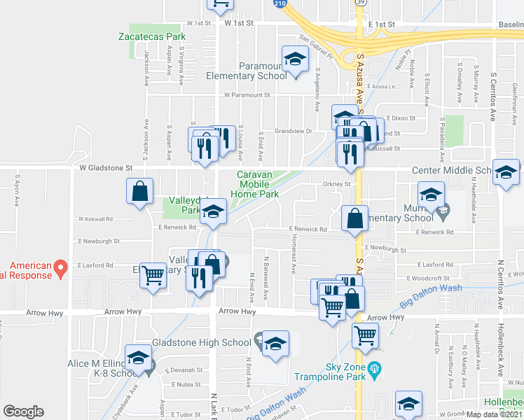 map of restaurants, bars, coffee shops, grocery stores, and more near 17104 East Orkney Street in Azusa