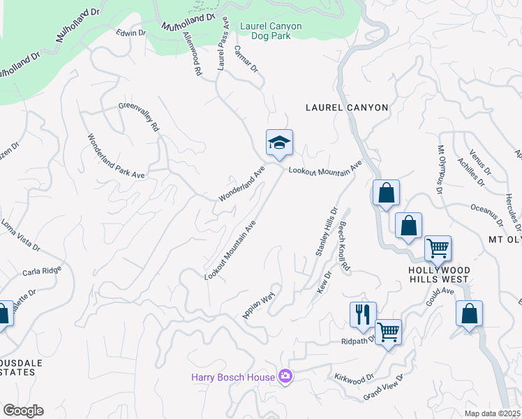 map of restaurants, bars, coffee shops, grocery stores, and more near 8587 Lookout Mountain Avenue in Los Angeles