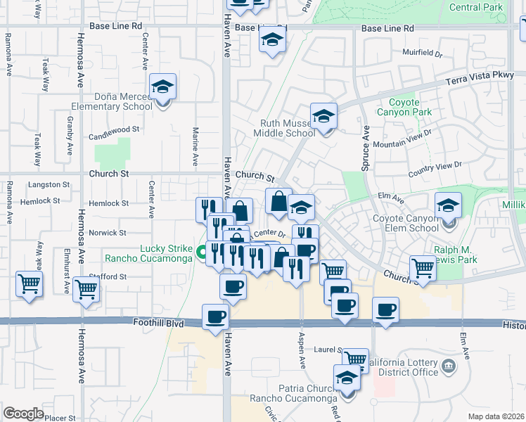 map of restaurants, bars, coffee shops, grocery stores, and more near 7803 Paxton Place in Rancho Cucamonga