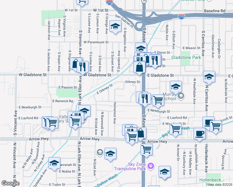 map of restaurants, bars, coffee shops, grocery stores, and more near 297 West Kirkwall Road in Azusa