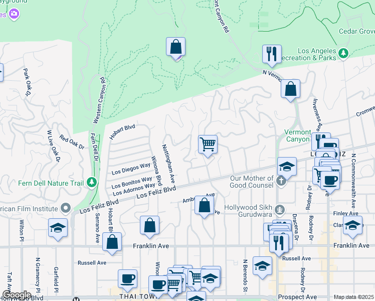 map of restaurants, bars, coffee shops, grocery stores, and more near 2331 Chislehurst Drive in Los Angeles