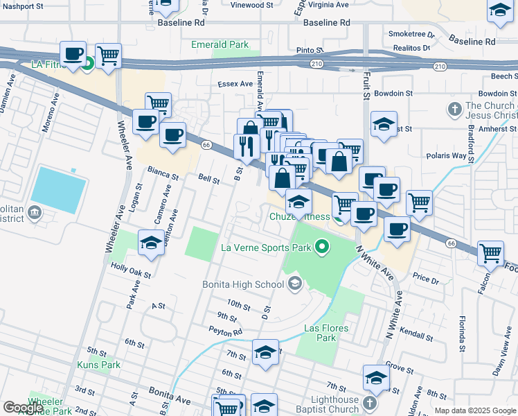 map of restaurants, bars, coffee shops, grocery stores, and more near 166 Valentine Circle in La Verne