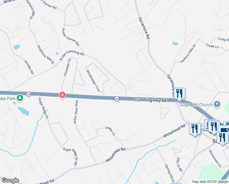 map of restaurants, bars, coffee shops, grocery stores, and more near 1216 Cumming Highway Northeast in Sugar Hill