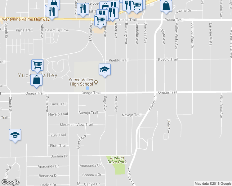 map of restaurants, bars, coffee shops, grocery stores, and more near 7700 Aster Avenue in Yucca Valley