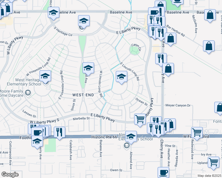 map of restaurants, bars, coffee shops, grocery stores, and more near 14000 East Constitution Way in Fontana