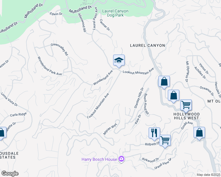 map of restaurants, bars, coffee shops, grocery stores, and more near 8587 Lookout Mountain Avenue in Los Angeles