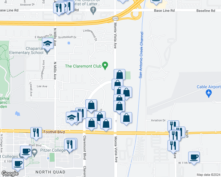 map of restaurants, bars, coffee shops, grocery stores, and more near 1601 Monte Vista Avenue in Claremont