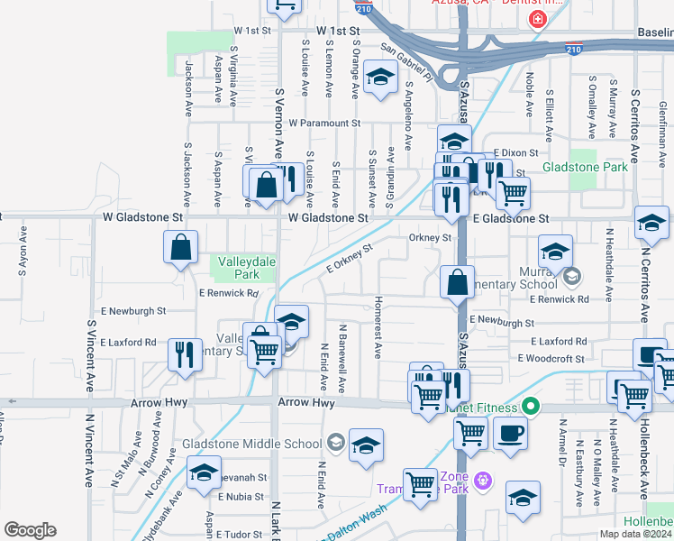 map of restaurants, bars, coffee shops, grocery stores, and more near 17104 East Orkney Street in Azusa