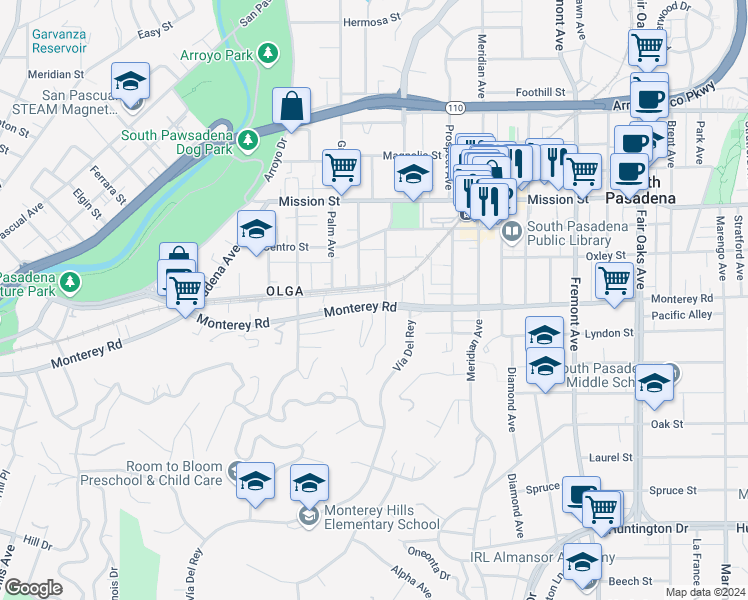 map of restaurants, bars, coffee shops, grocery stores, and more near 780 Monterey Road in South Pasadena