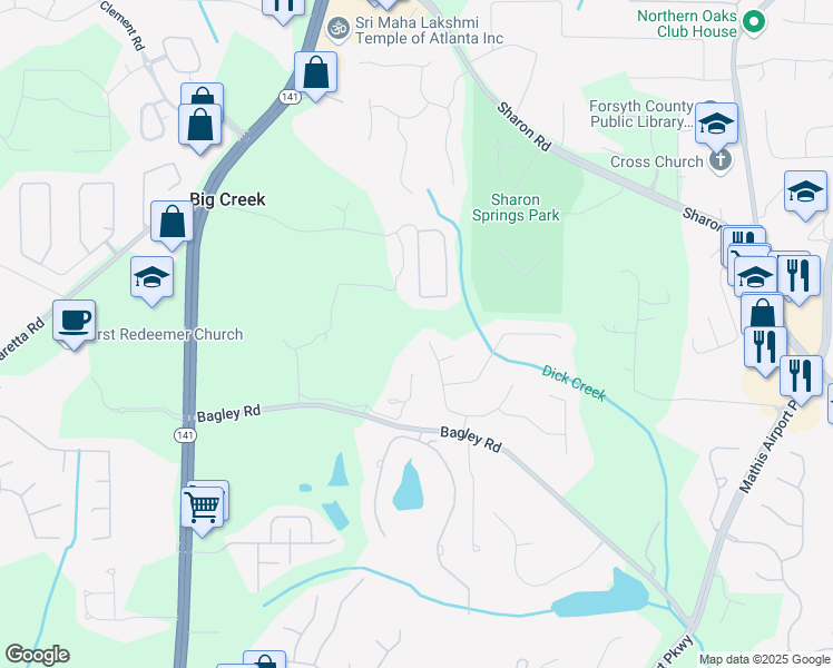 map of restaurants, bars, coffee shops, grocery stores, and more near 2280 Stonegate Drive in Cumming