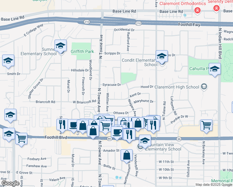 map of restaurants, bars, coffee shops, grocery stores, and more near 1558 Newcomb Place in Claremont