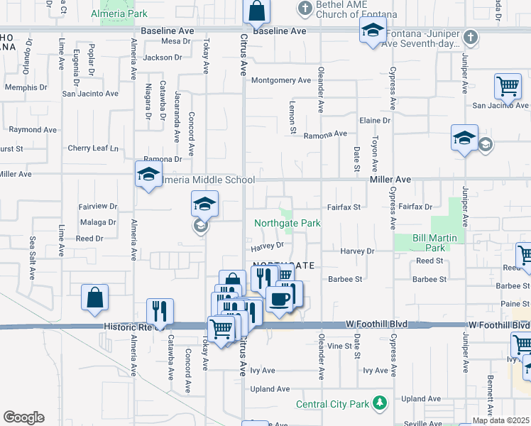 map of restaurants, bars, coffee shops, grocery stores, and more near 16149 Fairview Avenue in Fontana