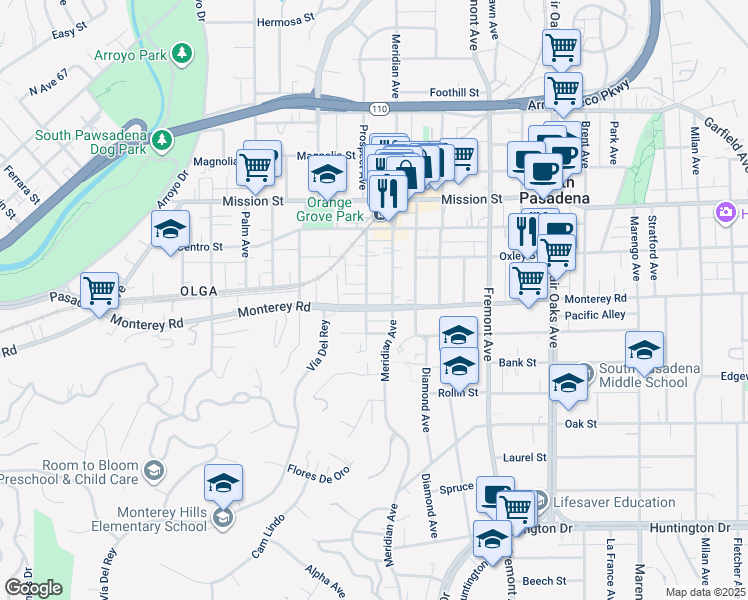 map of restaurants, bars, coffee shops, grocery stores, and more near 2 Monterey Road in South Pasadena