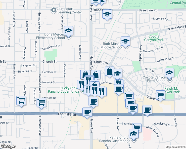 map of restaurants, bars, coffee shops, grocery stores, and more near 10517 Huxley Drive in Rancho Cucamonga
