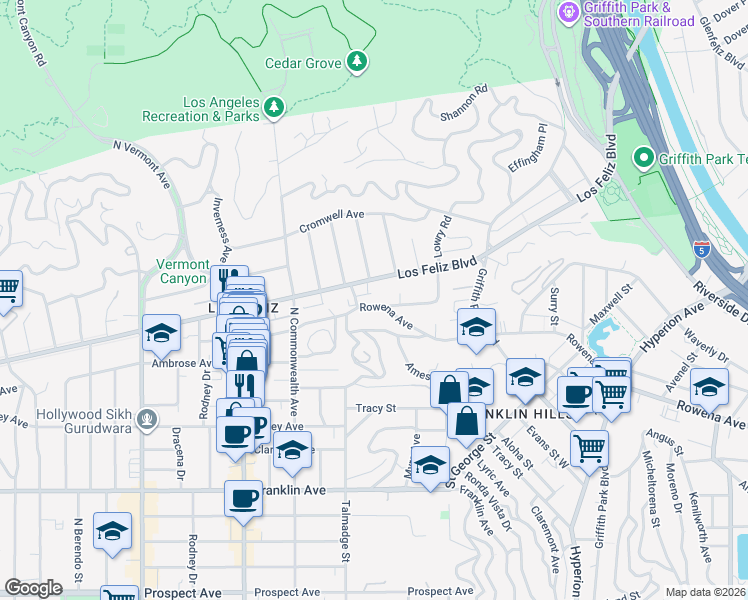 map of restaurants, bars, coffee shops, grocery stores, and more near 3465 Rowena Avenue in Los Angeles