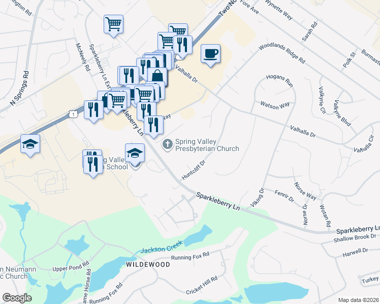 map of restaurants, bars, coffee shops, grocery stores, and more near 8 Huntcliff Court in Columbia