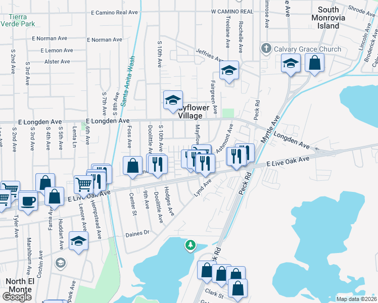 map of restaurants, bars, coffee shops, grocery stores, and more near 4323 Jasmine Lane in Arcadia