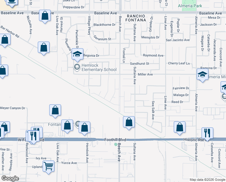 map of restaurants, bars, coffee shops, grocery stores, and more near 7836 Arosia Drive in Fontana