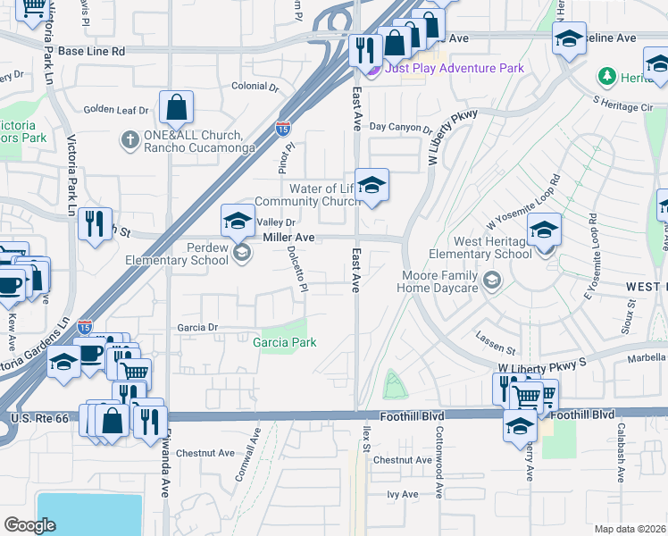 map of restaurants, bars, coffee shops, grocery stores, and more near 13238 Cortez Court in Rancho Cucamonga
