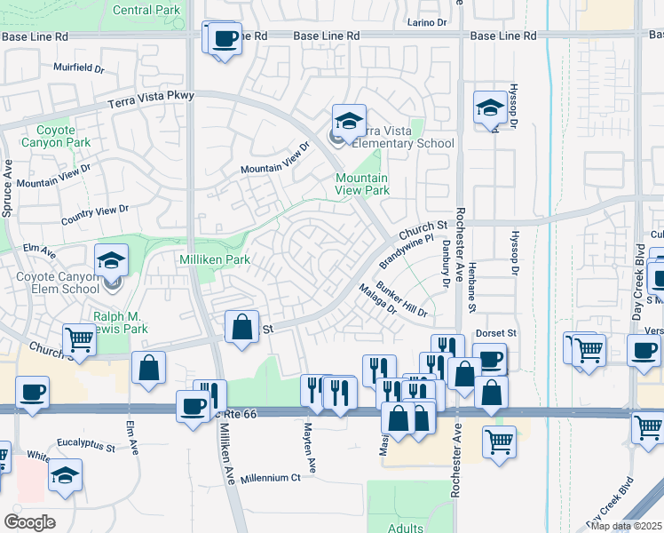 map of restaurants, bars, coffee shops, grocery stores, and more near 11660 Church Street in Rancho Cucamonga
