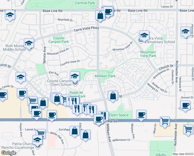 map of restaurants, bars, coffee shops, grocery stores, and more near 1 Milliken Avenue in Rancho Cucamonga