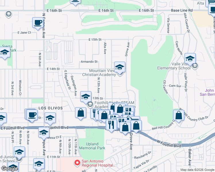 map of restaurants, bars, coffee shops, grocery stores, and more near 1323 North Monte Verde Avenue in Upland