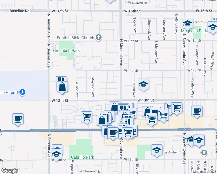 map of restaurants, bars, coffee shops, grocery stores, and more near 1263 West Sandra Court in Upland