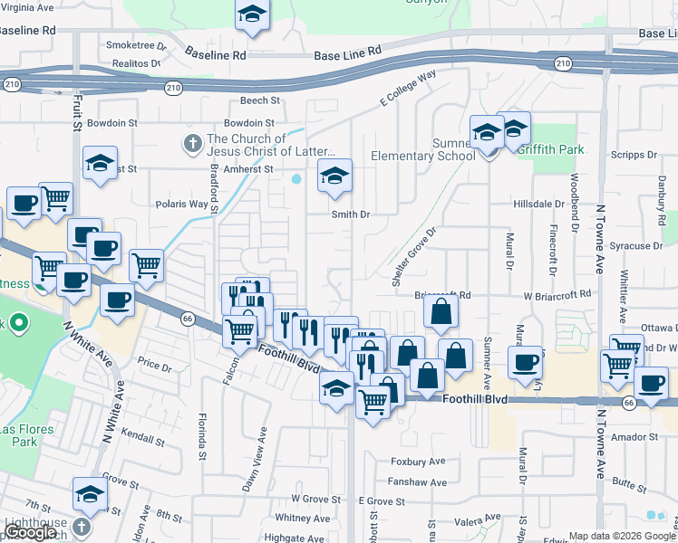 map of restaurants, bars, coffee shops, grocery stores, and more near 100 Arlington Drive in Claremont