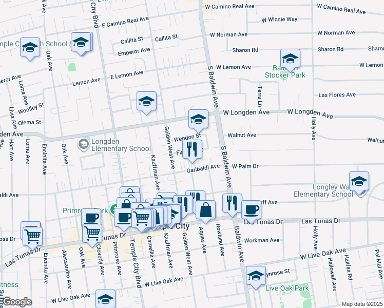 map of restaurants, bars, coffee shops, grocery stores, and more near 9845 Garibaldi Avenue in Temple City