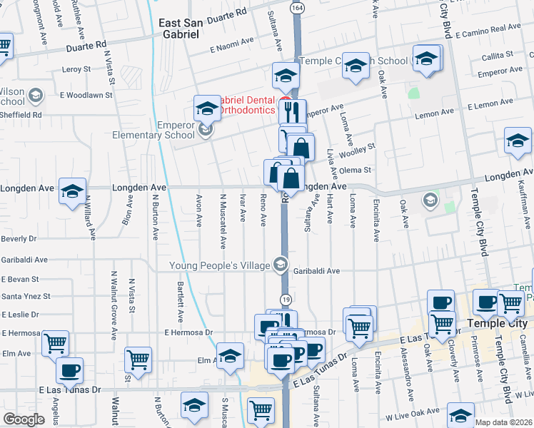 map of restaurants, bars, coffee shops, grocery stores, and more near 6209 Rosemead Boulevard in Temple City