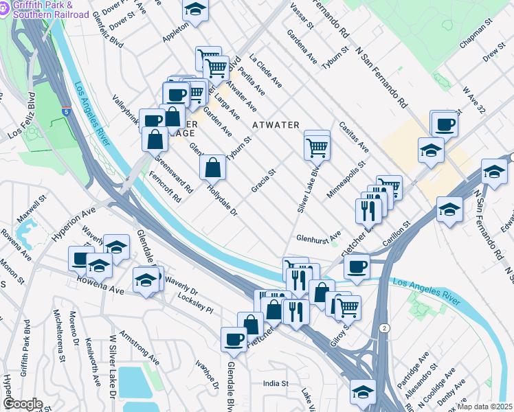map of restaurants, bars, coffee shops, grocery stores, and more near 3155 Glenhurst Avenue in Los Angeles