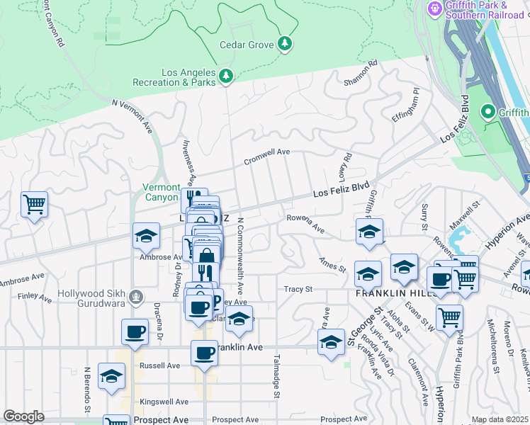 map of restaurants, bars, coffee shops, grocery stores, and more near 4241 Avocado Street in Los Angeles