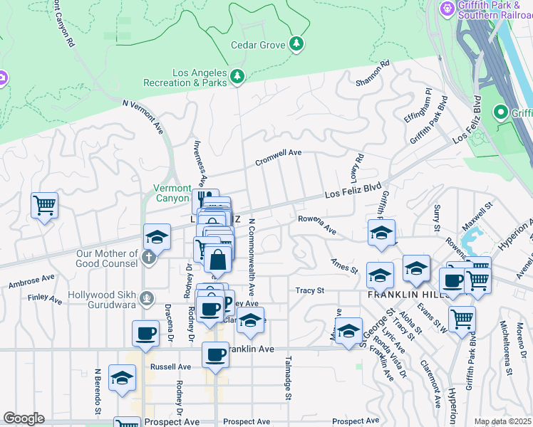 map of restaurants, bars, coffee shops, grocery stores, and more near 4241 Avocado Street in Los Angeles