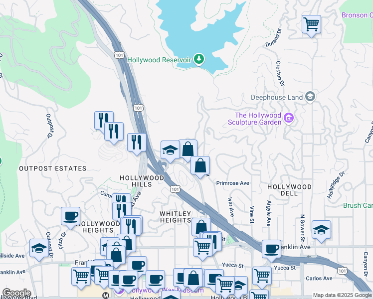 map of restaurants, bars, coffee shops, grocery stores, and more near 6481 West Odin Street in Los Angeles