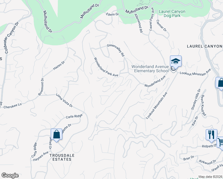 map of restaurants, bars, coffee shops, grocery stores, and more near 8853 Sunset Crest Place in Los Angeles