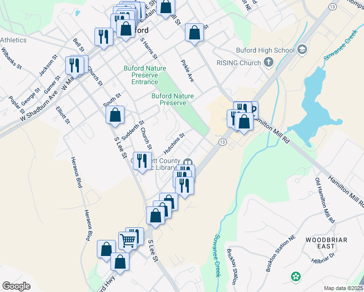 map of restaurants, bars, coffee shops, grocery stores, and more near 4831 Miller Hill Road in Buford