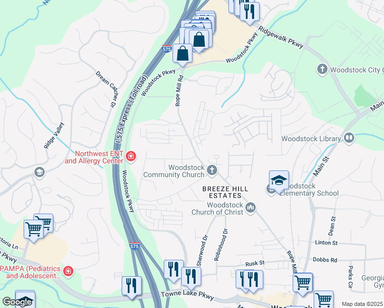 map of restaurants, bars, coffee shops, grocery stores, and more near 302 Cardinal Drive in Woodstock