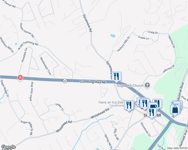 map of restaurants, bars, coffee shops, grocery stores, and more near 1080 North Old Cumming Road in Sugar Hill