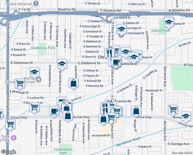 map of restaurants, bars, coffee shops, grocery stores, and more near 5440 North Fenimore Avenue in Azusa
