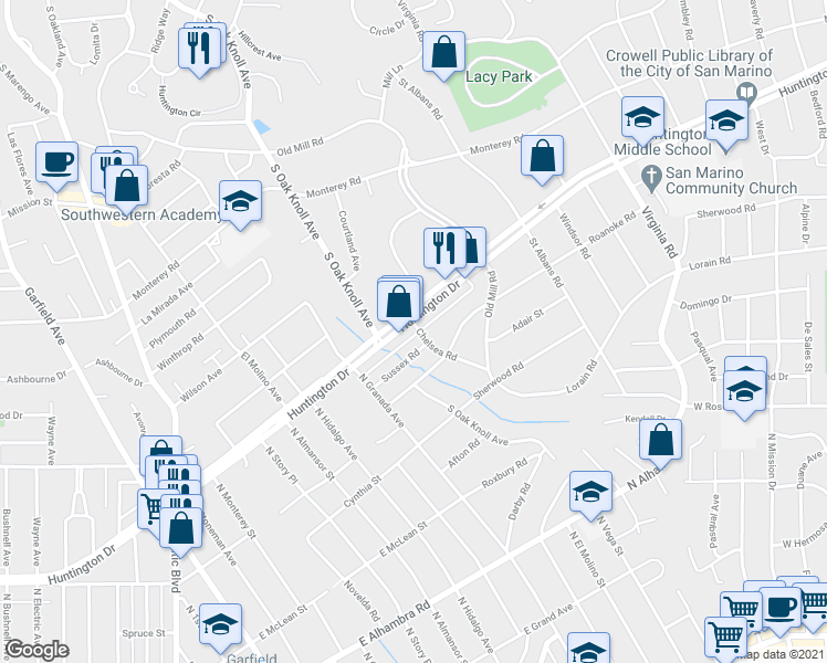 map of restaurants, bars, coffee shops, grocery stores, and more near 1613 Chelsea Road in San Marino